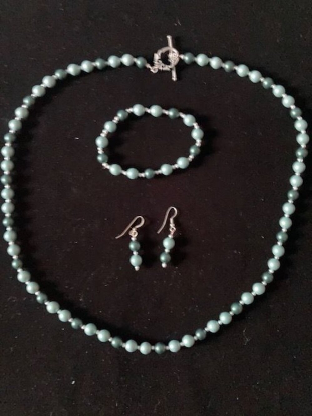 Two Shades of Green and Silver Beaded Necklace, Bracelet and Earring Set
